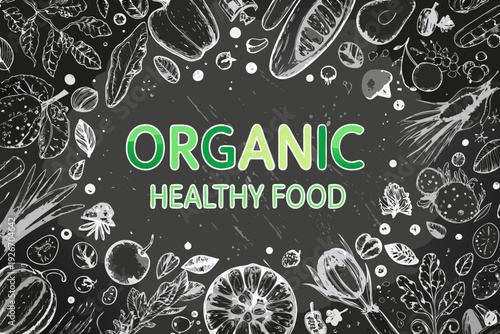 Hand drawn illustration of organic food with sketched fruits vegetables and grains