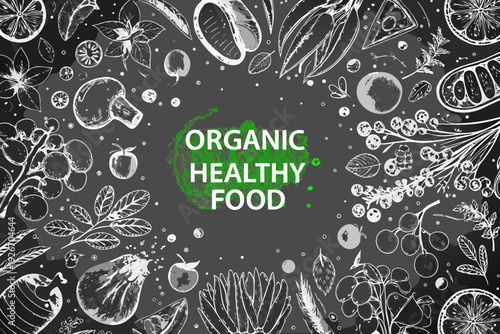 Detailed vintage style illustration of organic fruits vegetables and mushrooms