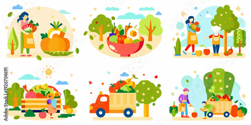 Colorful illustrations depict harvesting transport and enjoyment of fresh produce