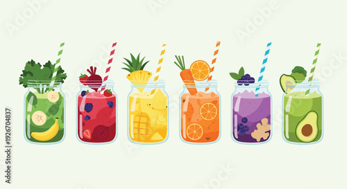 A vibrant collection of six healthy fruit and vegetable smoothies in glass jars with straws.