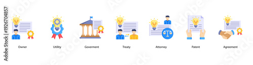 Intellectual Property and Governance web banner featuring Owner, Utility, Government, Treaty, Attorney, Patent, and Agreement.