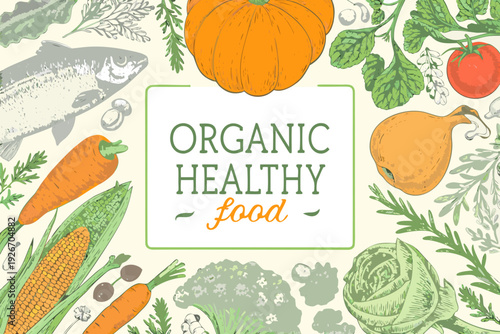 A colorful illustration showcasing a variety of fresh organic foods