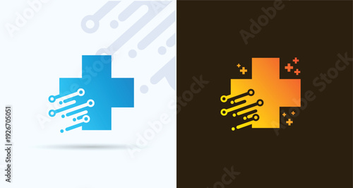 Digital Medical Cross Logo with Circuit Lines for Healthcare Service
