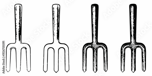 Four vintage gardening forks displayed in a simple black and white illustration