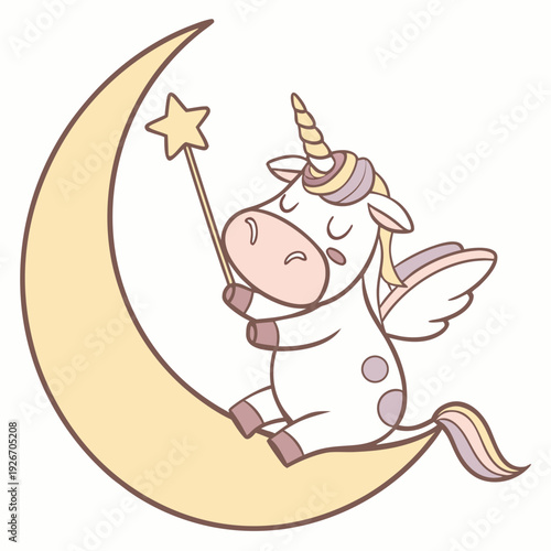 A Sleepy Cow with sitting on a moon in a Unicorn Dreams theme – Unicorn Dreams palette SVG illustration