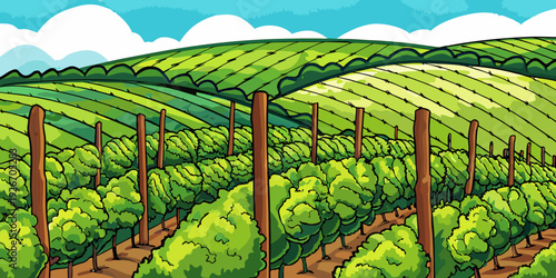 A vibrant cartoon illustration of a lush green vineyard landscape
