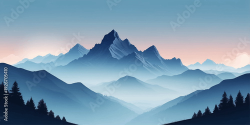 Misty mountain landscape at sunrise with snowy peaks, soft clouds, and a panoramic morning view over hills and valleys