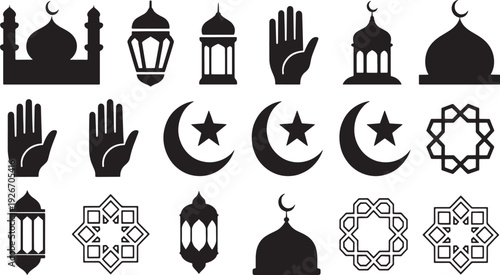 Collection of Islamic cultural symbols including mosques crescent moons stars geometric patterns and lanterns
