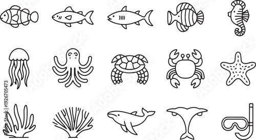 Collection of simple black line depicting various marine life and underwater ocean