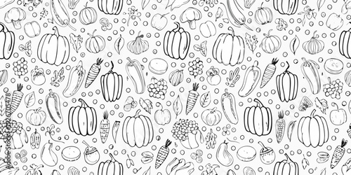 Intricate black and white pattern of various fruits and vegetables