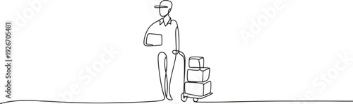 A focused delivery worker stands with a hand truck loaded with multiple packages.