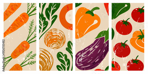 A colorful vintage style illustration of various garden vegetables