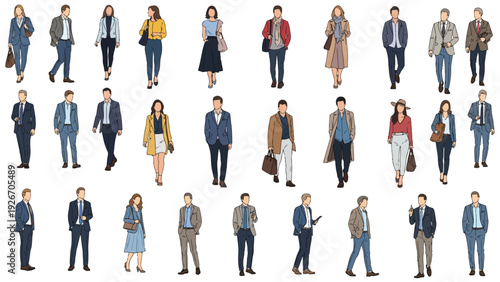 Multicultural business people standing in various poses showcasing diversity, ethnicity, and modern professional fashion in inclusive corporate illustration collection.