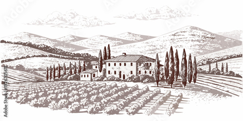 A rustic tuscan villa nestled amongst vineyards and rolling hills