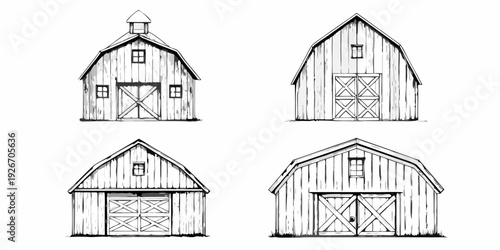 Four views of a classic rustic barn depicted in black and white
