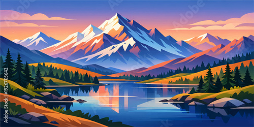 Sunset over the lake and mountains with a snow peak reflection in the water and forest trees under a summer sky panorama