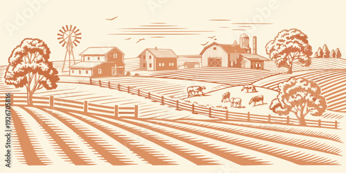 A serene countryside scene featuring a farm with buildings and grazing cows