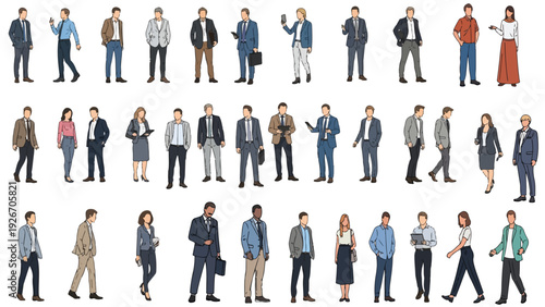 Multicultural business people standing in various poses showcasing diversity, ethnicity, and modern professional fashion in inclusive corporate illustration collection.