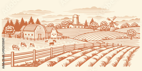 A vintage farm scene with a barn silo and grazing cattle