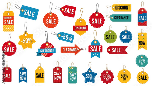 Colorful seasonal sale tags and price tag labels perfect for seasonal promotions, retail discounts, and marketing signage templates.