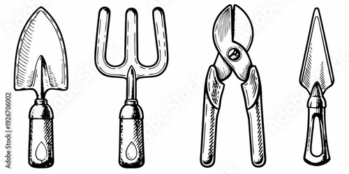 Vintage gardening tools illustration featuring a trowel fork shears and knife