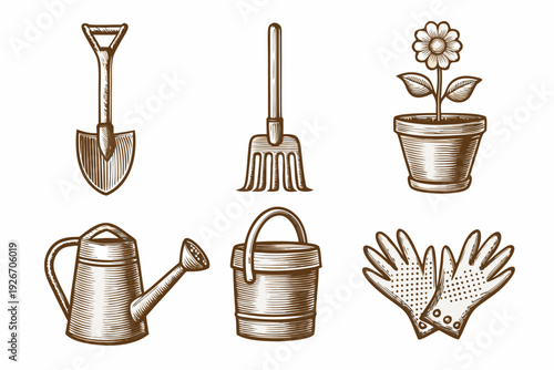 Vintage gardening tools illustration shovel rake watering can and plant