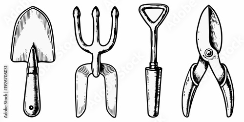 Vintage gardening tools a spade fork cultivator and pruning shears