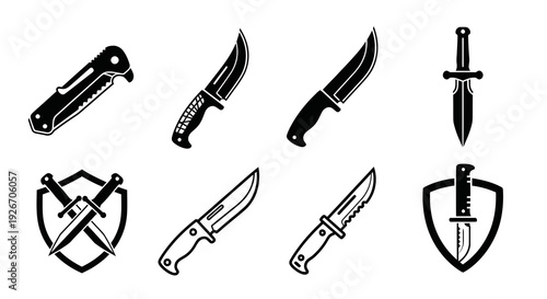 Outdoor, Survival, and Security Knives Glyph Vector Icons Set