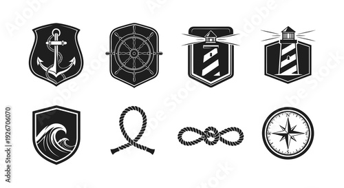 Black  White Nautical Marine Vector Icons Set: Anchor, Ship Wheel, Lighthouse, Rope, Compass Emblems