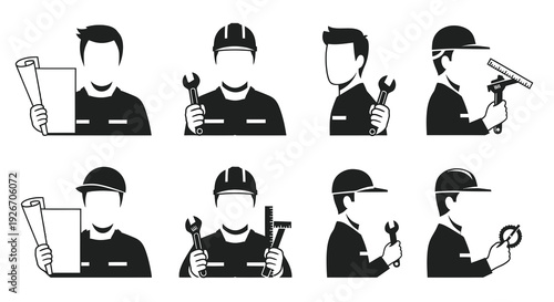 Engineering Construction Skilled Trades Workers Glyph Icons Set with Tools  Plans