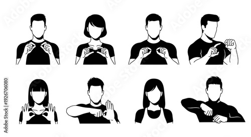 Sign Language Gestures Black White Line Art Glyphs for Communication Education