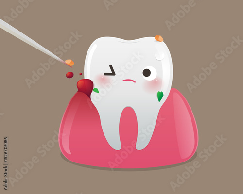 Cute cartoon tooth with bleeding gum caused by aggressive toothpick use, illustrating oral injury, gum damage, pain, and the importance of proper dental hygiene and safe cleaning habits.