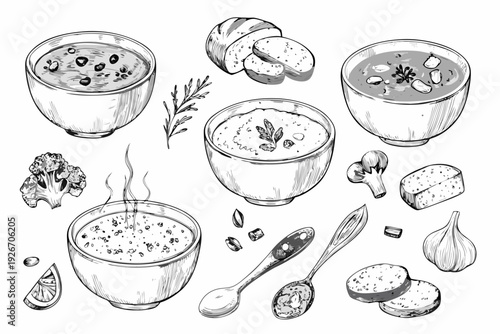 Sketch of various soups bread and vegetables on a white background