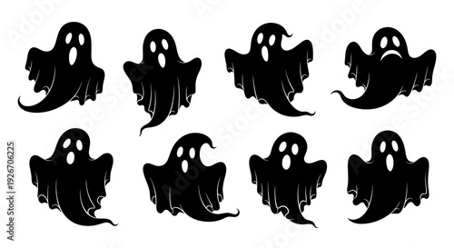Spooky Halloween Ghosts Black and White Silhouette Icons Set