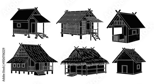 Traditional Huts Architecture  Culture Black  White Vector Illustration Set