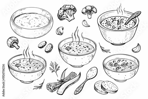 Hand drawn illustration of creamy vegetable soup with fresh ingredients