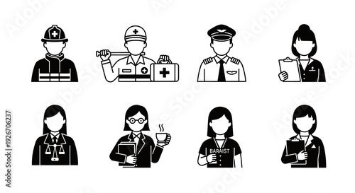 Diverse Professions Avatars Black  White Line Art Icon Set for Careers