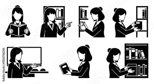 Black  White Glyph Pictogram Icons: Woman, Library, Education, Reading, and Research