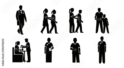 Medical Healthcare Professionals  Patients Glyph Icons Set - Staff Silhouettes