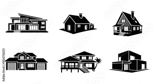 Real Estate Housing Architecture Black  White Glyph House Icon Set