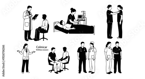 Medical Healthcare Professionals  Patients Interactions Black White Line Art Glyph Illustrations
