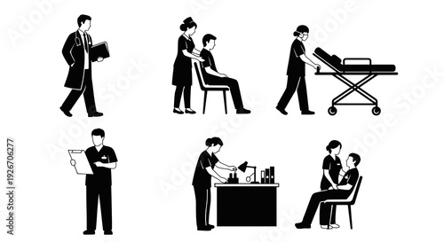 Medical Staff and Patient Activities Glyphs - Healthcare Professionals Silhouette Icons