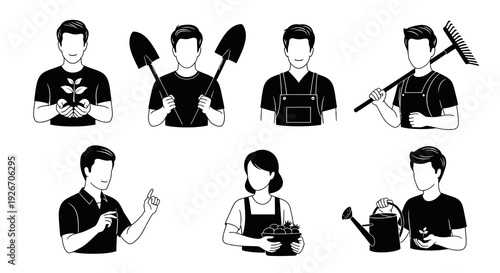 Gardening and Farming Workers Black and White Glyph Vector Icons Set