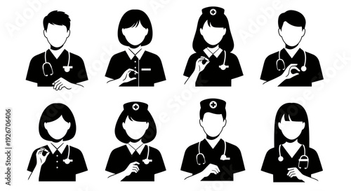 Medical Professionals Doctors Nurses Black White Flat Glyphs Avatars Set