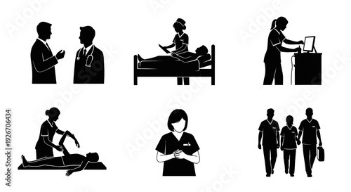 Medical Healthcare Staff, Patient Care  Procedures Black and White Glyph Icons Set