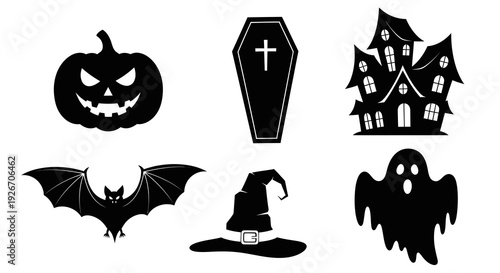 Black Halloween Glyph Icons: Pumpkin, Coffin, Haunted House, Bat, Witch Hat, Ghost