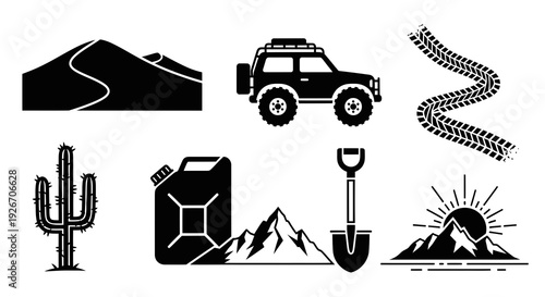 Off-Road Adventure, Desert  Survival Black and White Solid Glyph Icons Set
