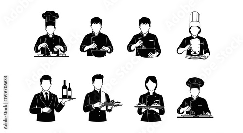 Culinary Professionals Glyph Icons Set: Chefs, Cooks, and Waiters in Food Industry
