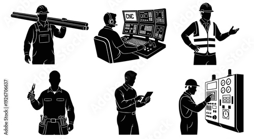 Black and White Glyph Industrial Workers, Engineers, and Technicians Vector Set