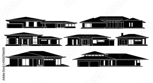 Residential Architecture Modern House Silhouettes Black White Line Art Glyph Set